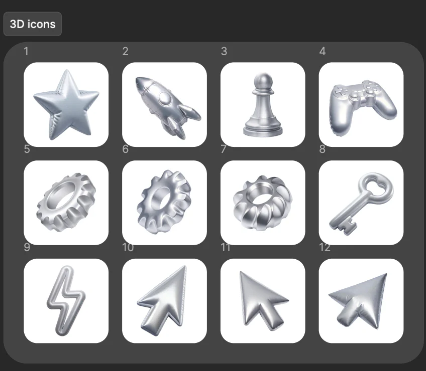AERA silver 3D icon library including a star, rocket, chess piece, game controller, gears, key, lightning bolt and cursor arrows