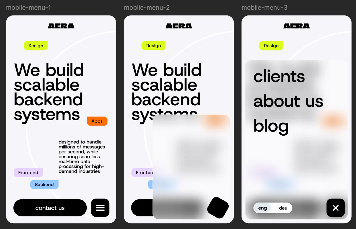 Three responsive AERA mobile navigation states showing the homepage, menu overlay and language controls