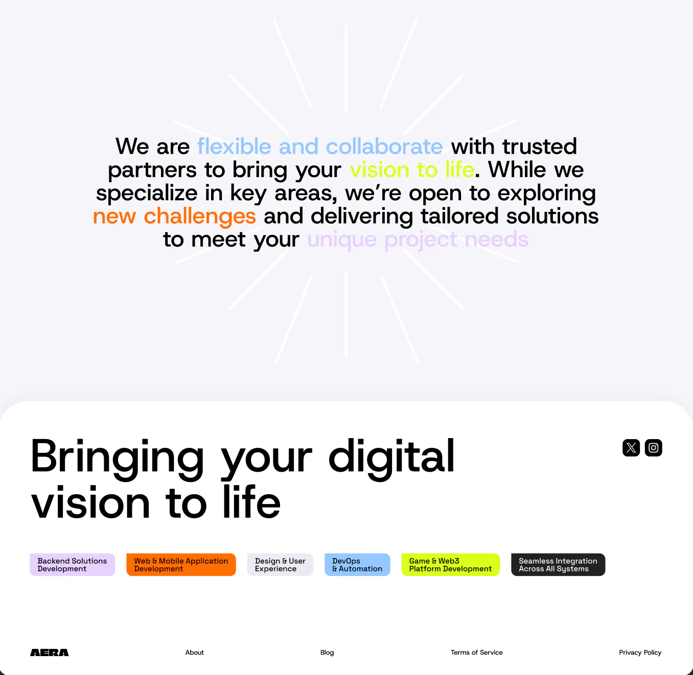 AERA brand statement with multicolor typography and a structured website footer