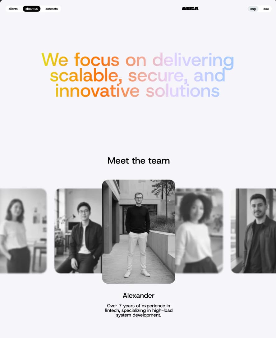 AERA team page with gradient positioning statement and editorial portrait carousel