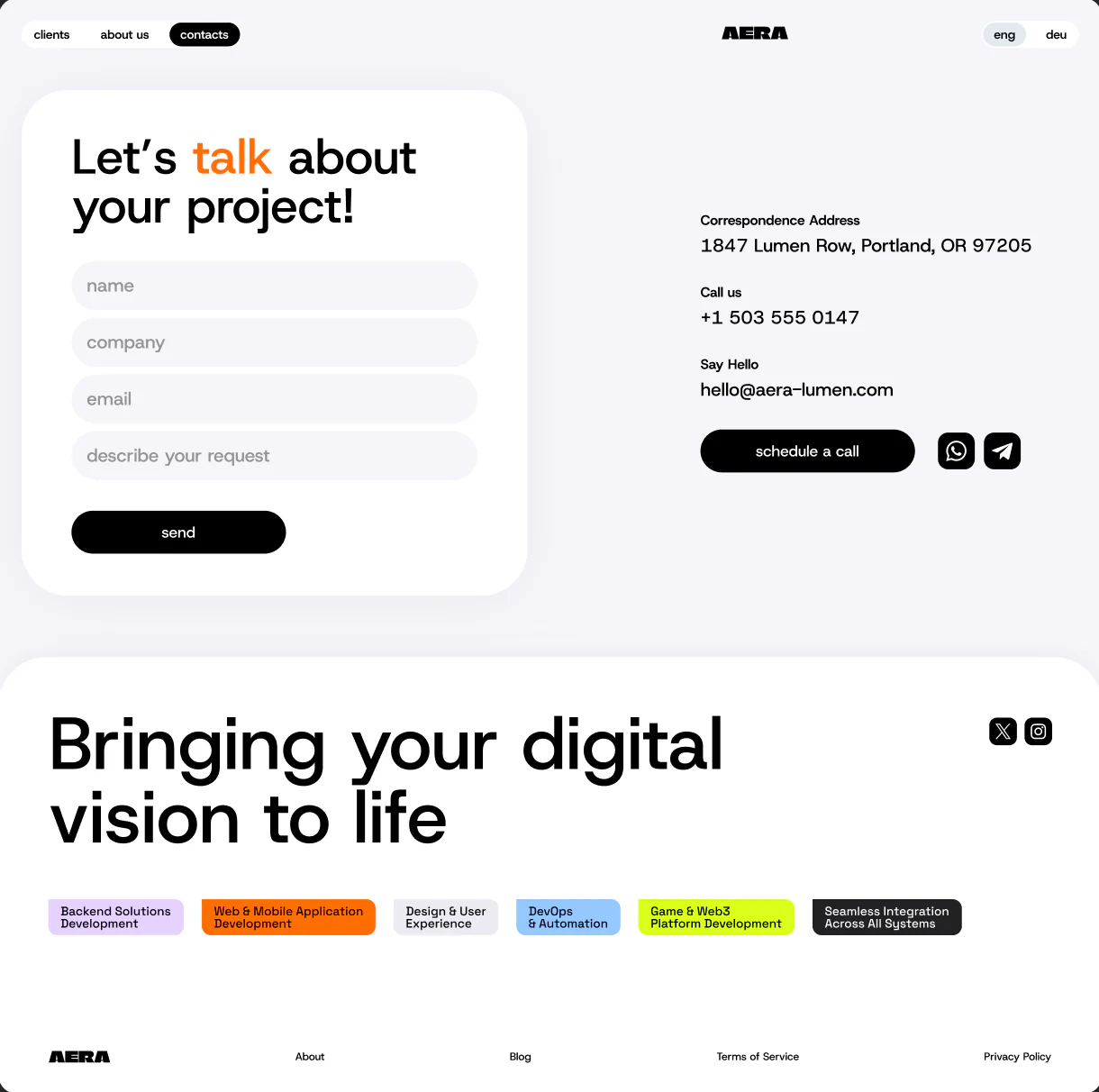 AERA contact page with project inquiry form, correspondence details, scheduling action and footer