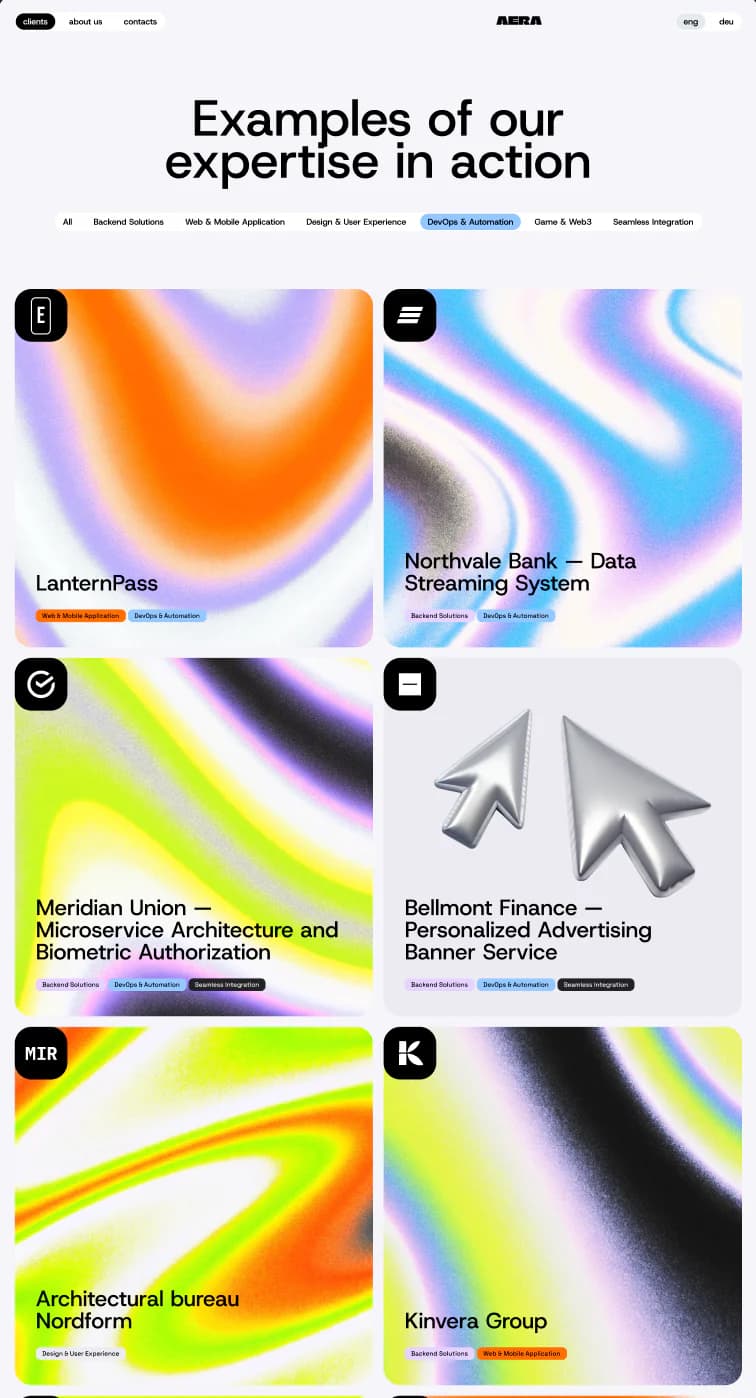 AERA client work archive with filtering controls and colorful software case-study cards