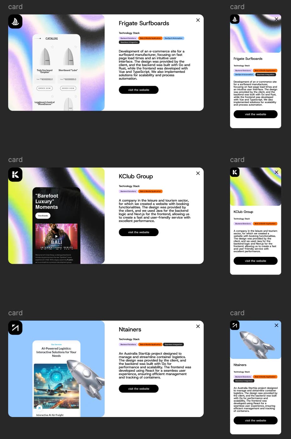 AERA desktop and mobile case-study detail cards for commerce, tourism and logistics projects
