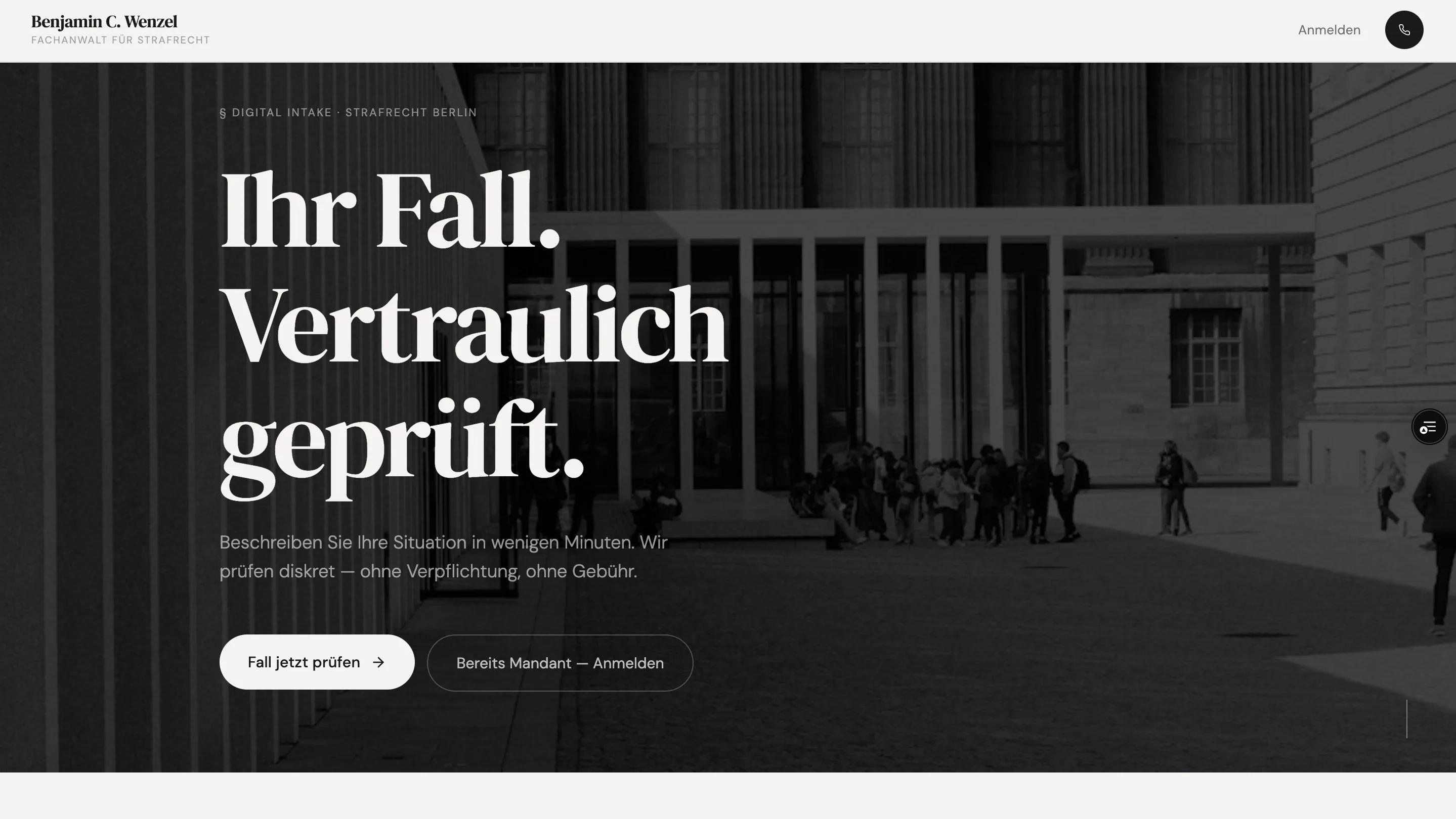 Structured intake and authenticated client portal entry on the Wenzel criminal defense platform