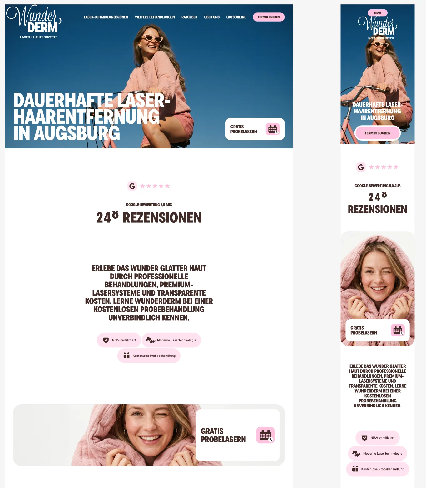 WunderDerm homepage redesign shown in complete desktop and mobile layouts