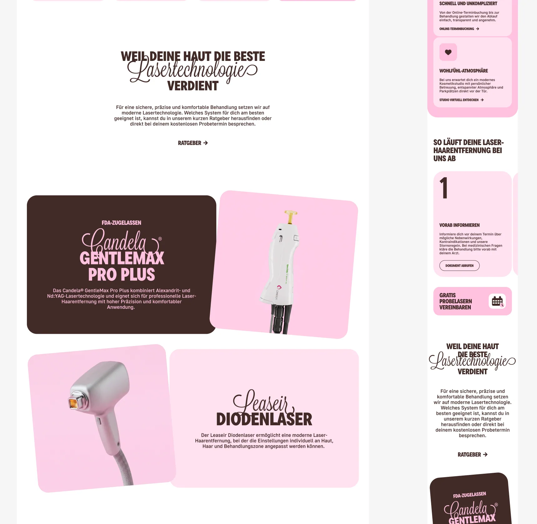 Responsive WunderDerm homepage sections presenting laser systems and service process