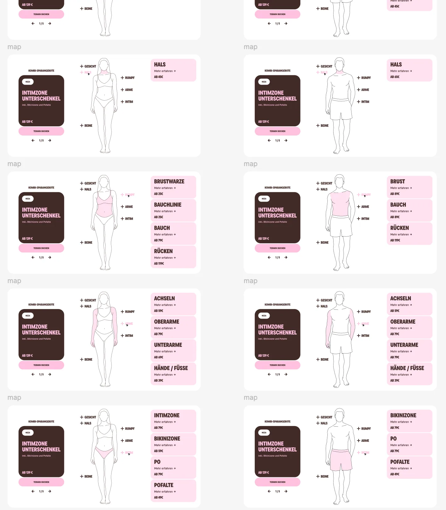 Interactive WunderDerm body-map states for women and men
