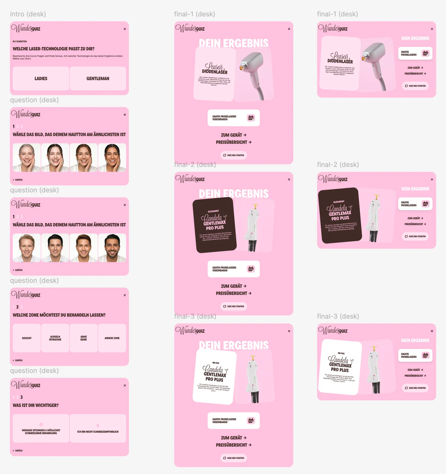 WunderQuiz guided selector screens and result states