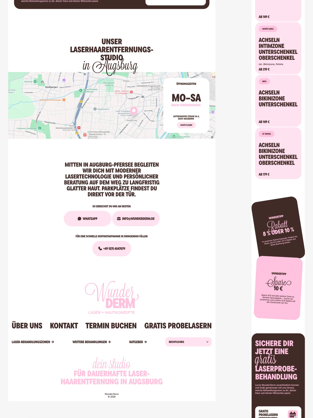 Responsive location, booking and footer sections for WunderDerm