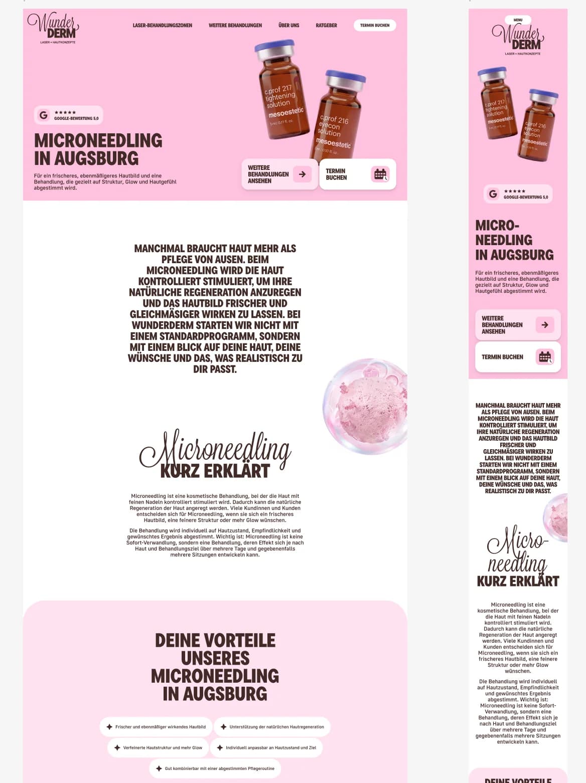 WunderDerm microneedling page designed as complete desktop and mobile Figma layouts