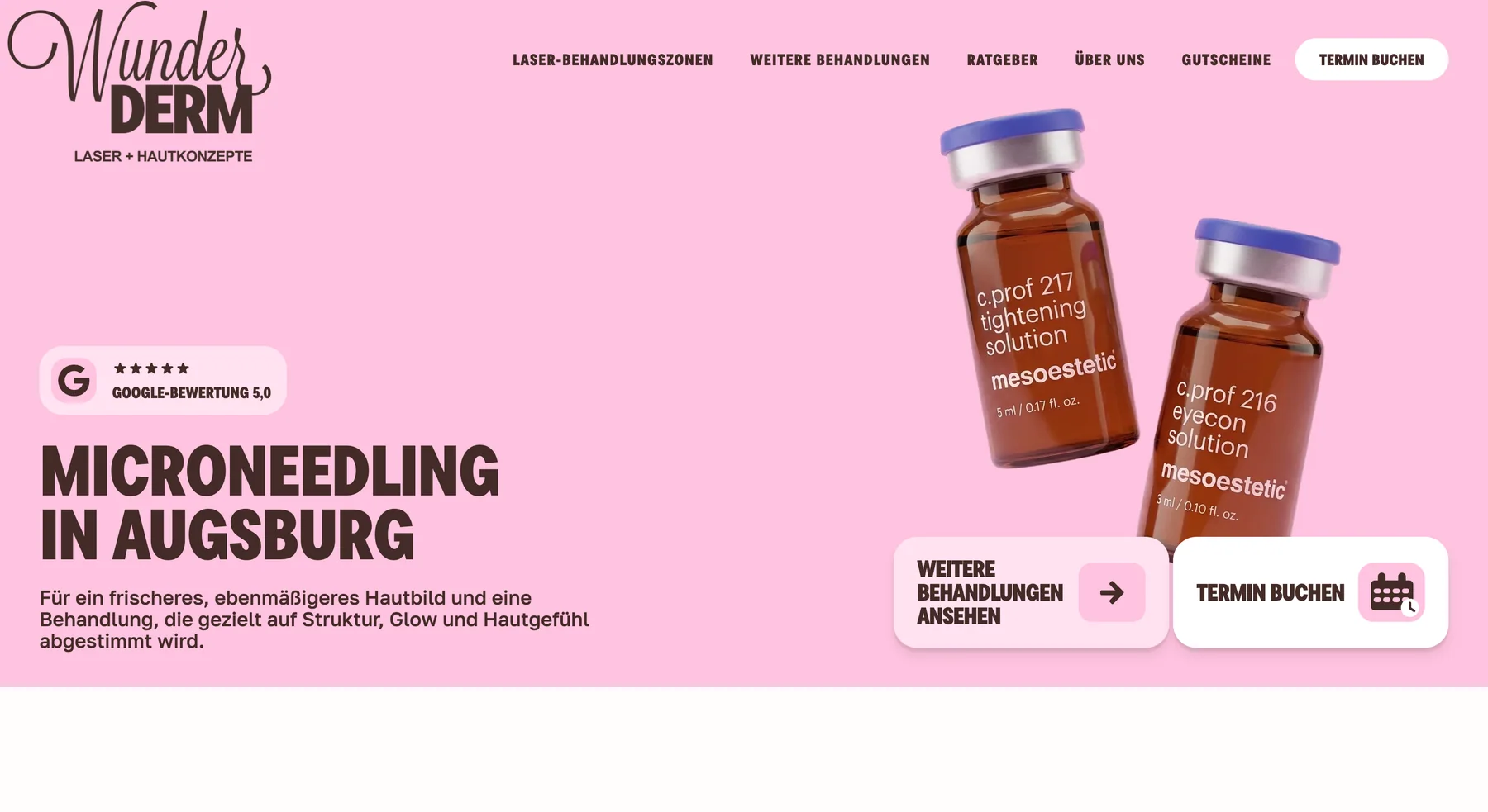 WunderDerm microneedling page hero with product imagery and appointment actions