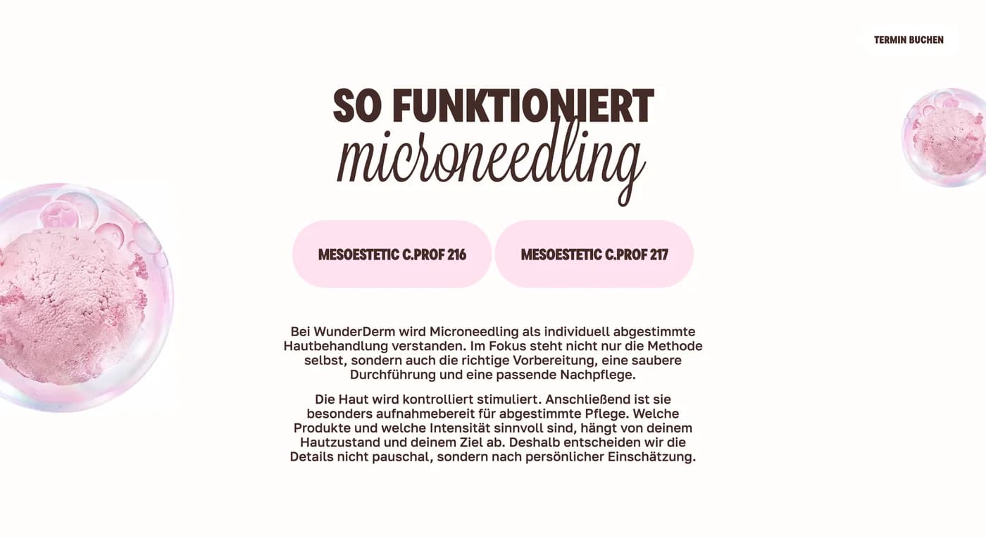 WunderDerm microneedling explainer section with device imagery and editorial typography
