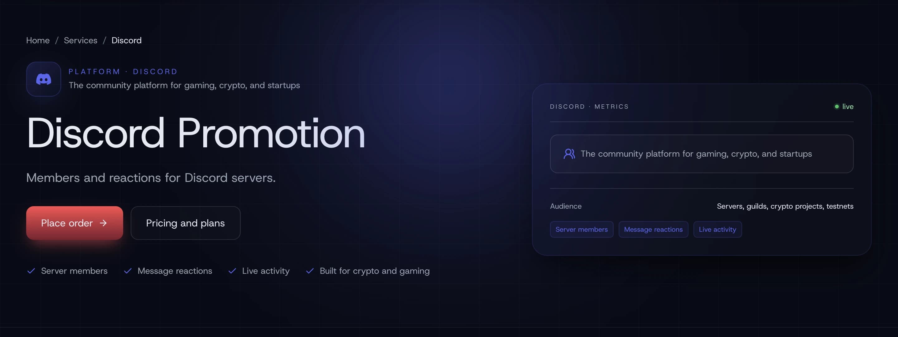 Public catalog landing page for a Discord service