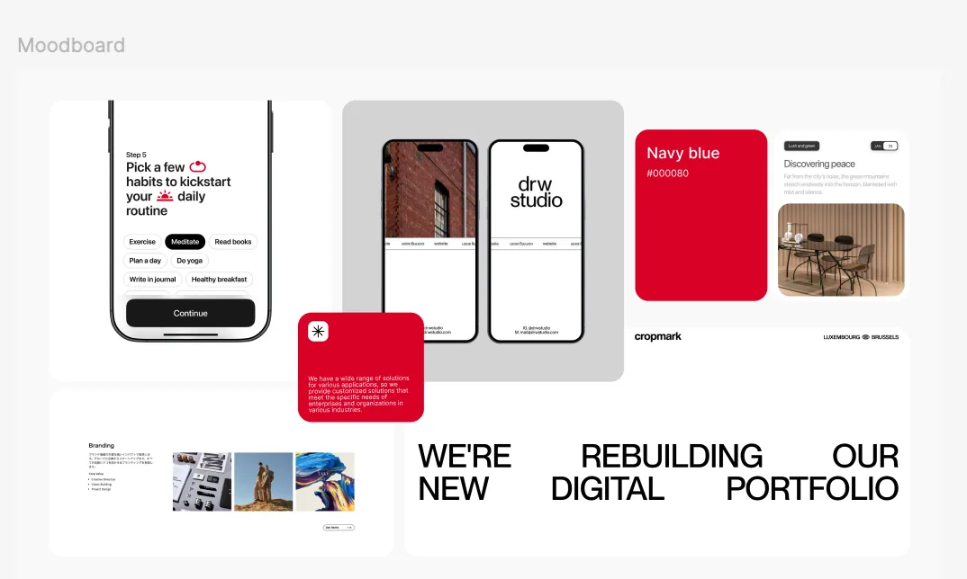 A moodboard connecting mobile interfaces, typography, color and visual references