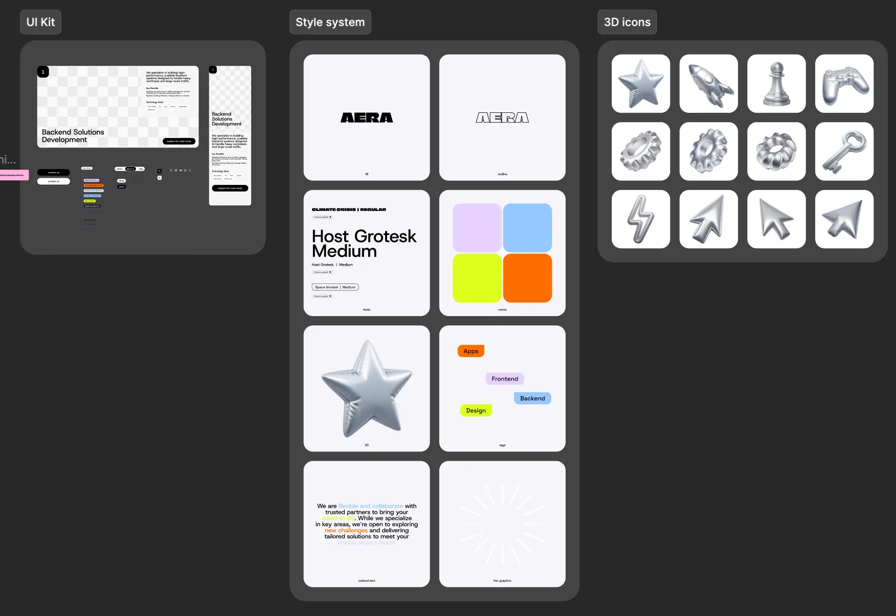 AERA brand system with UI kit, typography, colors and 3D icon language