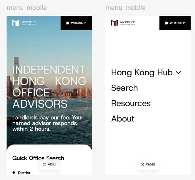 My Office Asia responsive mobile menu states
