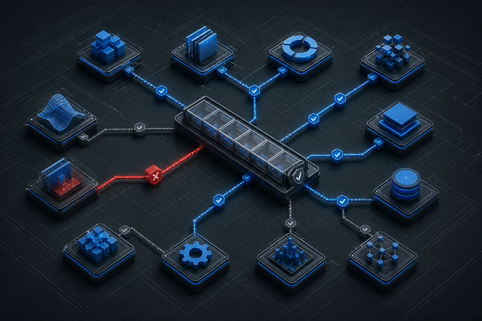Twelve dark isometric system modules arranged around a controlled inspection path, with verified, failed and unresolved evidence states remaining visibly distinct.