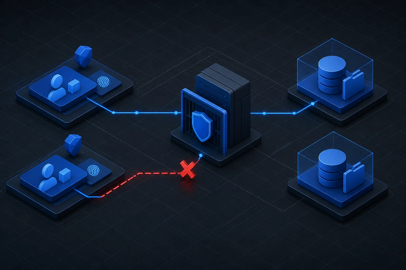 Two isolated user and tenant modules attempt the same protected operation through a server-side authorization gate; only the permitted route reaches its object.