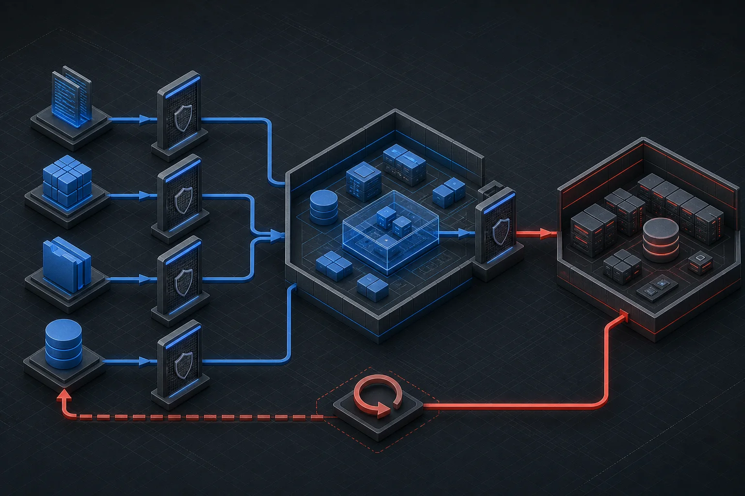 A verified source artifact, migration set and backup move through separate controlled gates into an isolated restore and reversible release path.