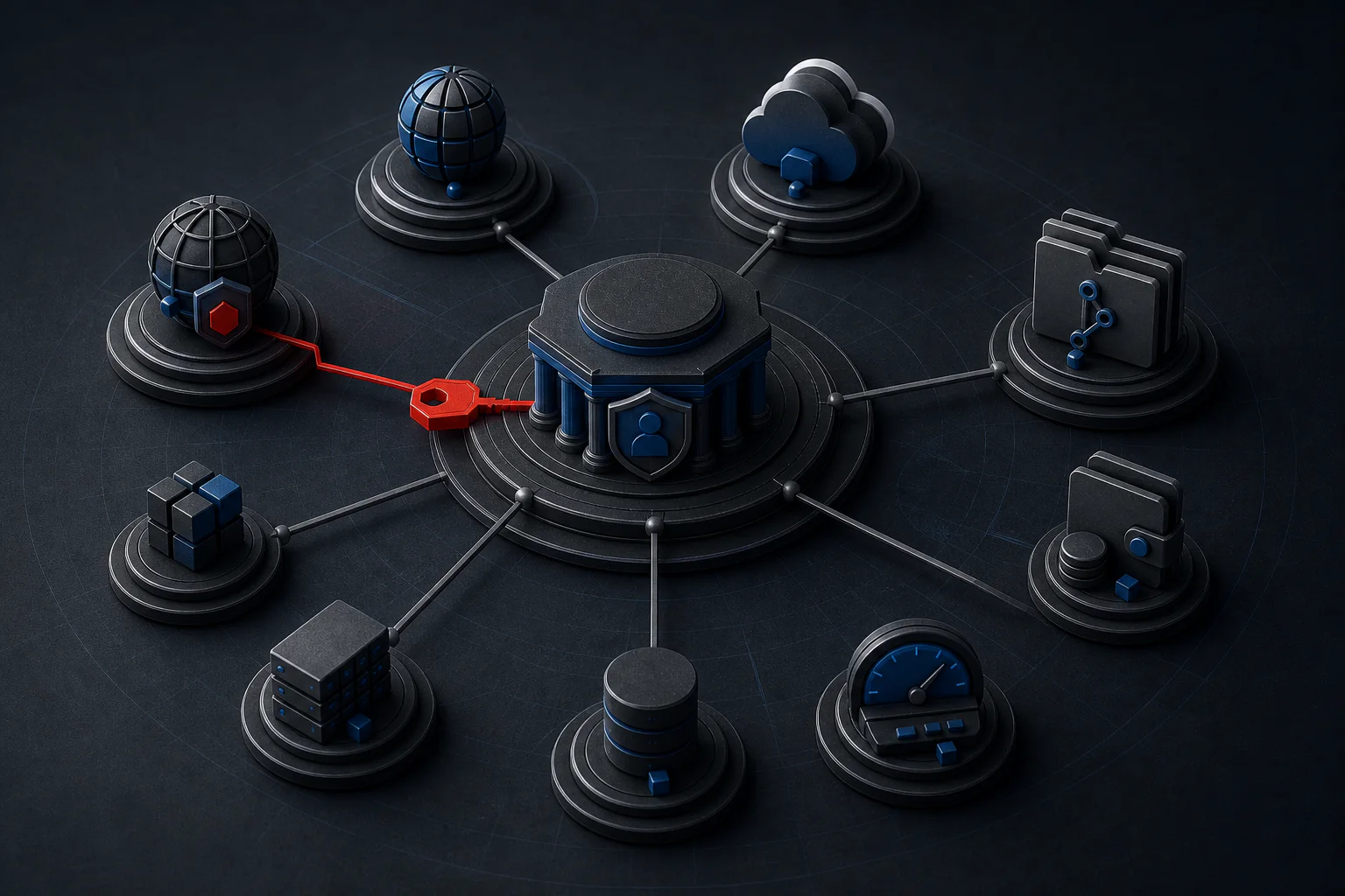 A dark isometric recovery graph with separate domain, identity, cloud and source-control roots connected to a live software system through a controlled red route.