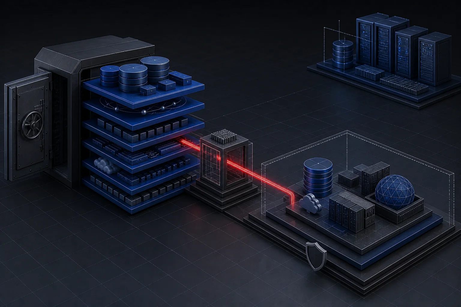 A layered backup set moving through a contained red recovery channel into an isolated verification environment, separate from the untouched live system.