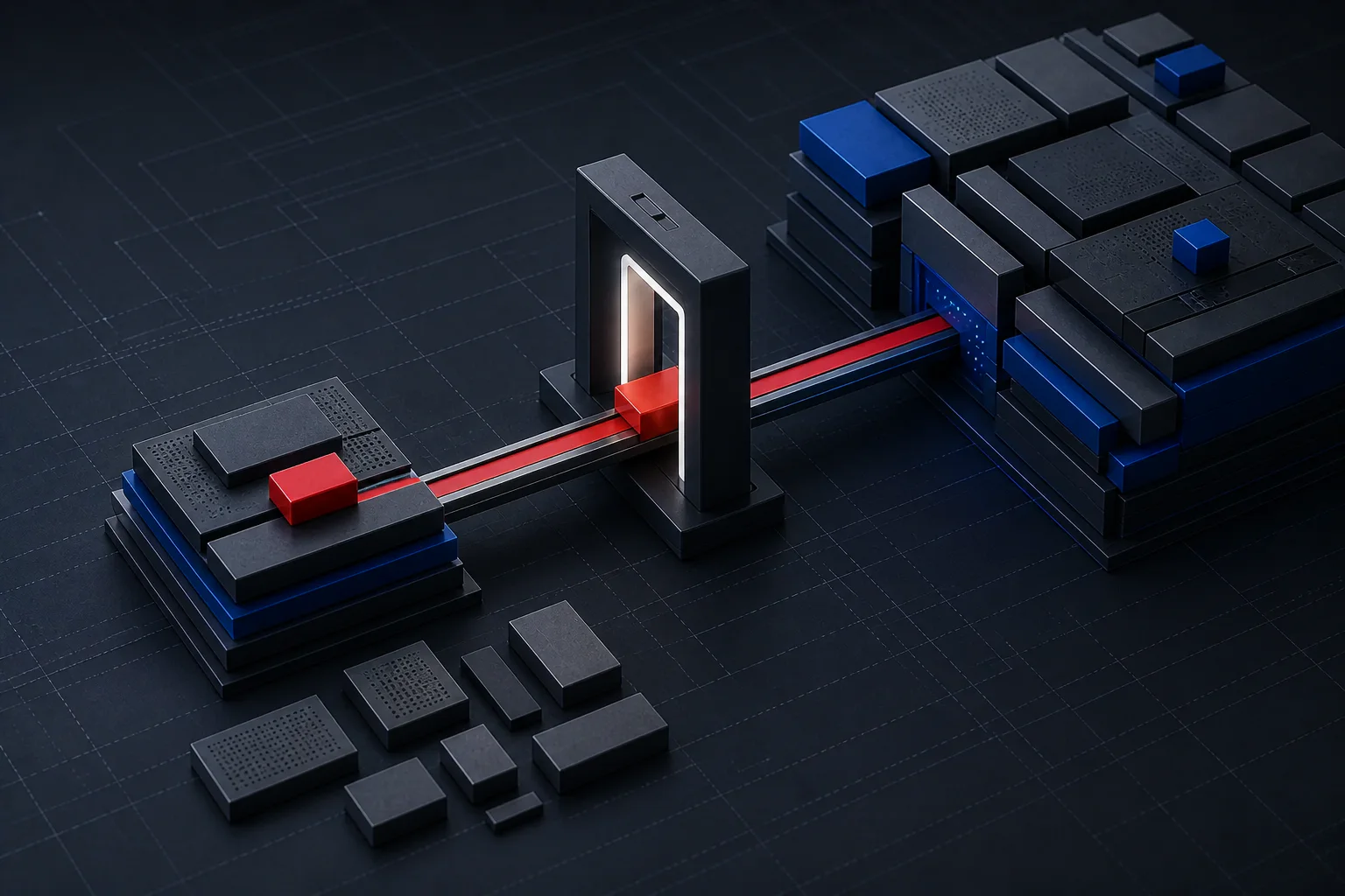 A compact evidence pack passing through a controlled acceptance gate, while unresolved items remain visibly outside as not verified.