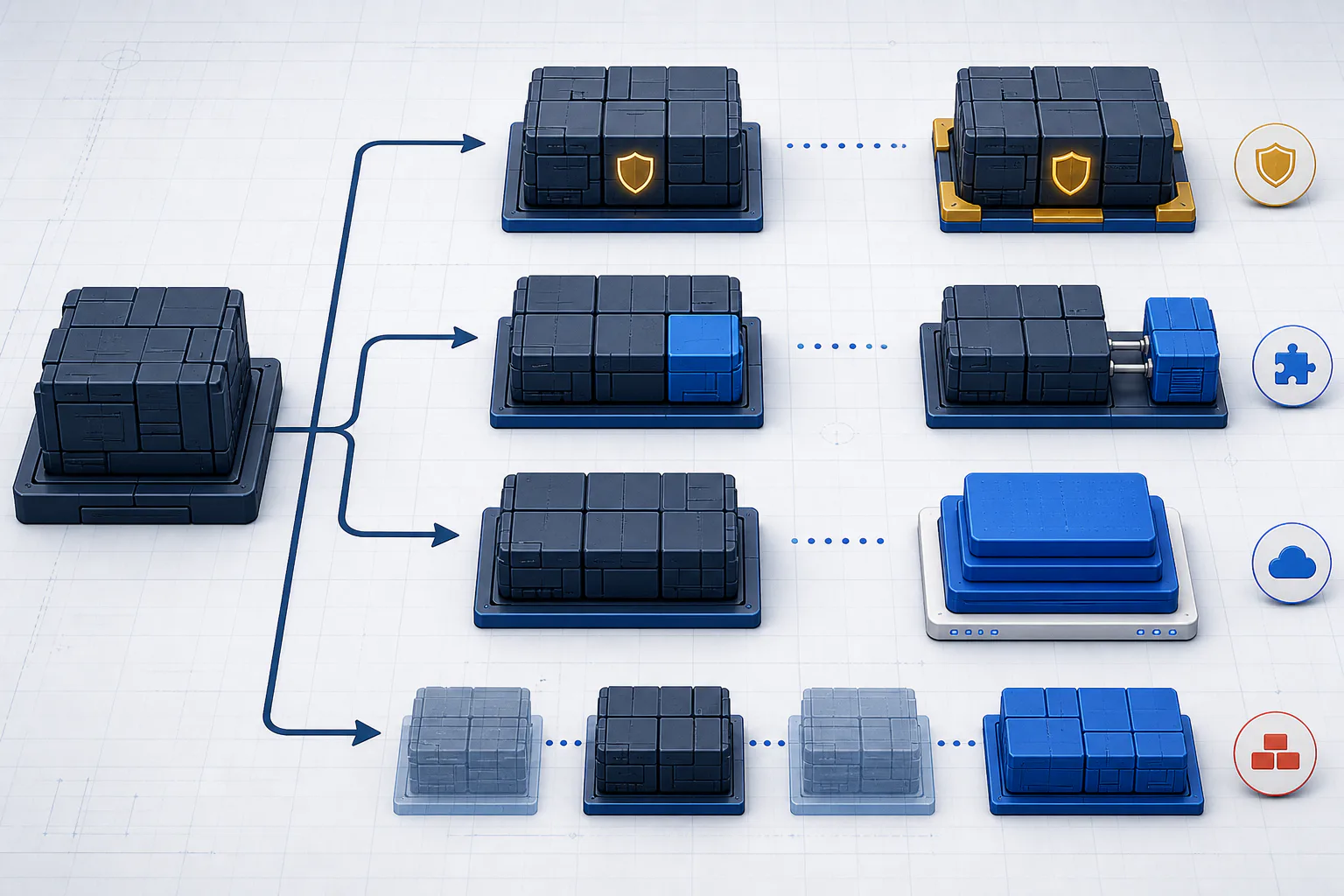 Four modernization paths branching from an inherited system: stabilization, bounded refactoring, platform migration and staged parallel replacement.
