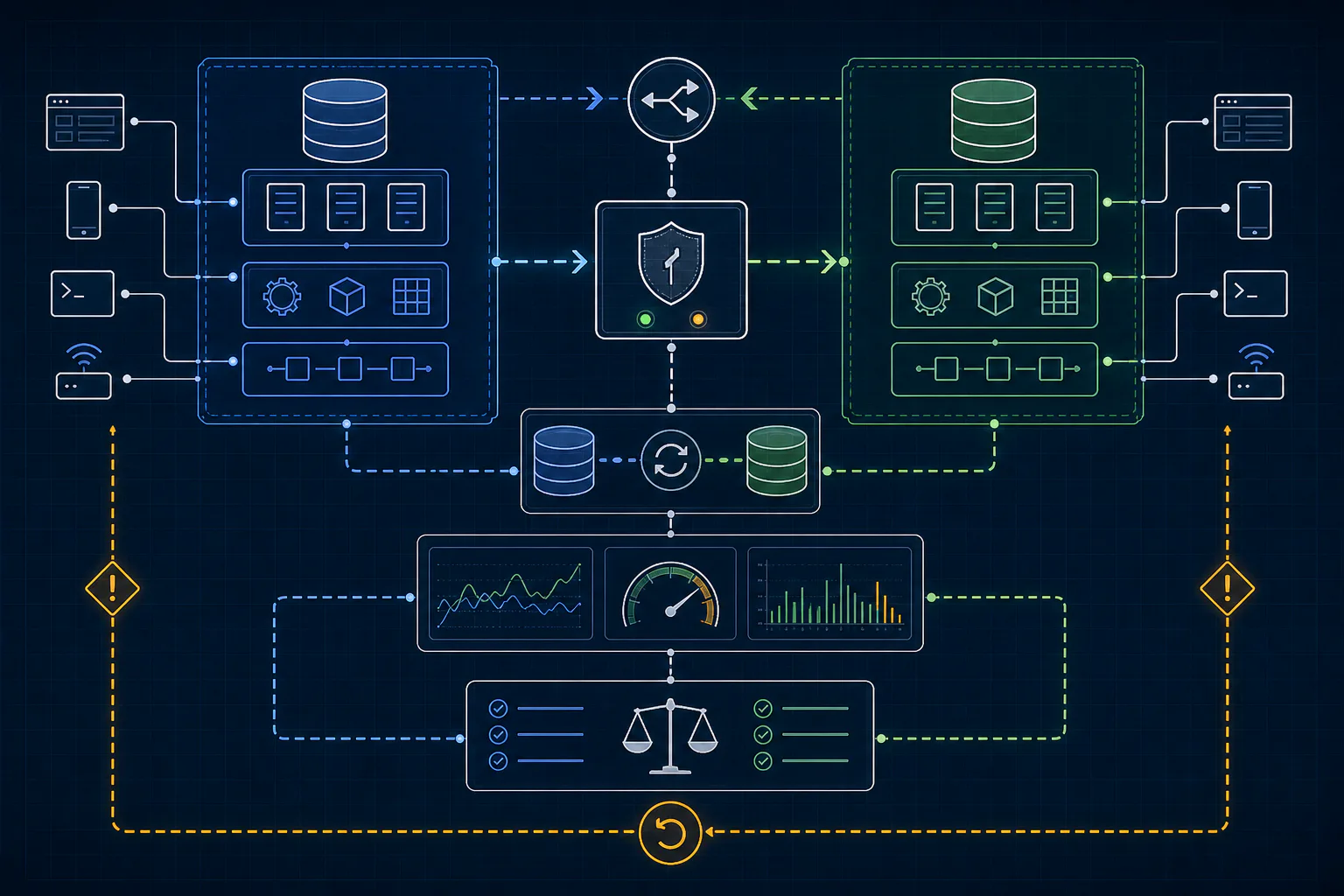 An old and new production system operating side by side with controlled traffic routing, data reconciliation, monitoring and a rollback path.