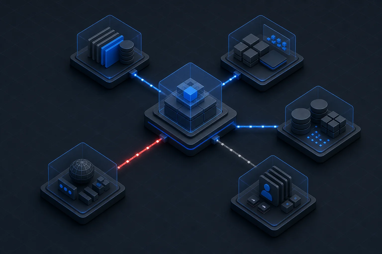 A small SaaS system shown as source, production, data, identity and vendor modules around one central acquisition evidence rail.