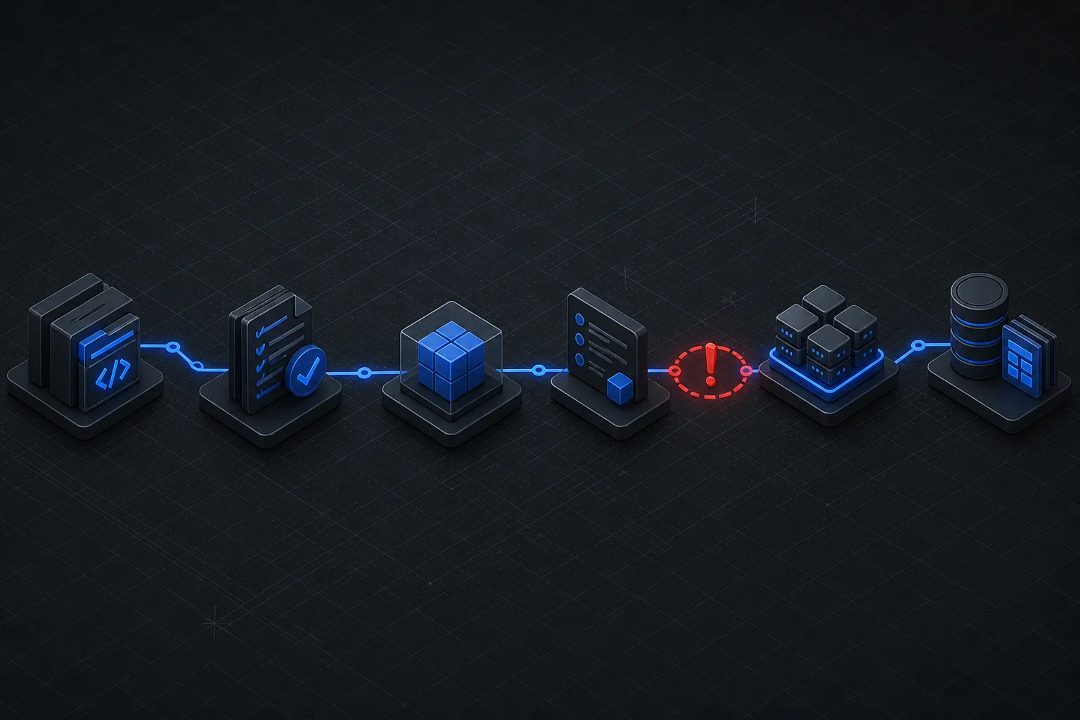 A controlled source-to-production chain connecting a repository revision, build artifact, deployment record, running workload and database state.