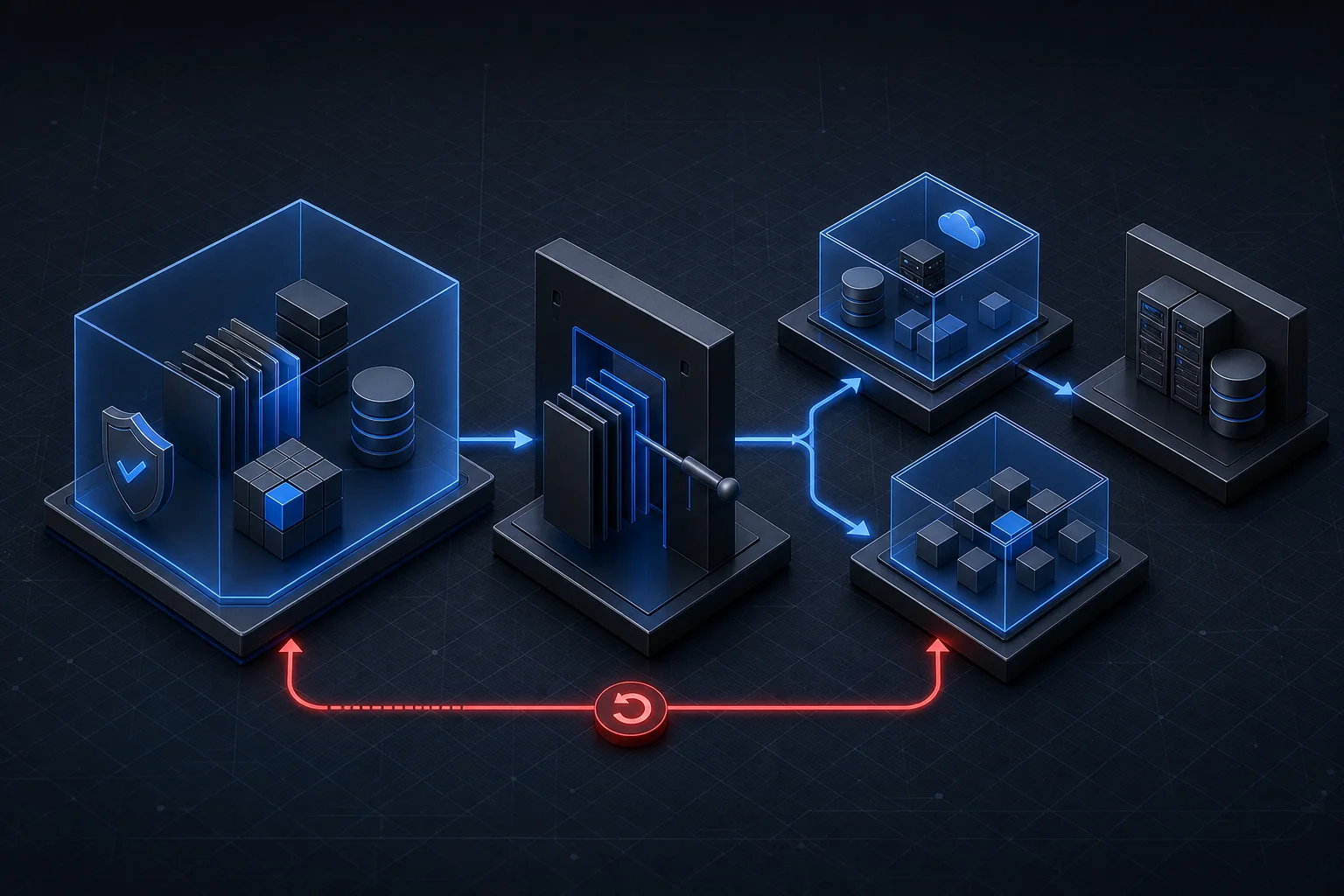 An isolated restore and controlled release path with a visible rollback loop and separate pre-close, transition and post-close evidence gates.